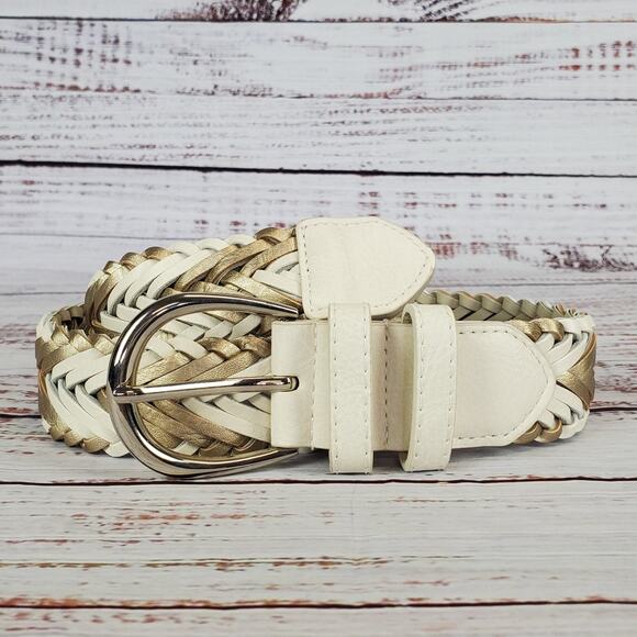 Classic Braided Adjustable Leather Belt White Gold Silver Tone Buckle 1.5 X 37.5 - Picture 2 of 7